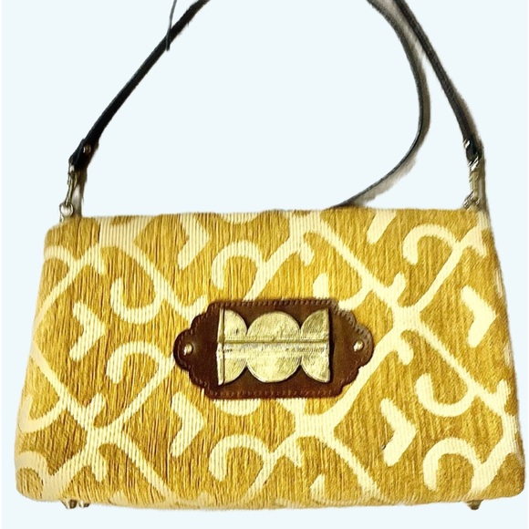 ADD LIBB Gold & Tan Tapestry Leather & Brass Clutch Shoulder Bag - Picture 2 of 9